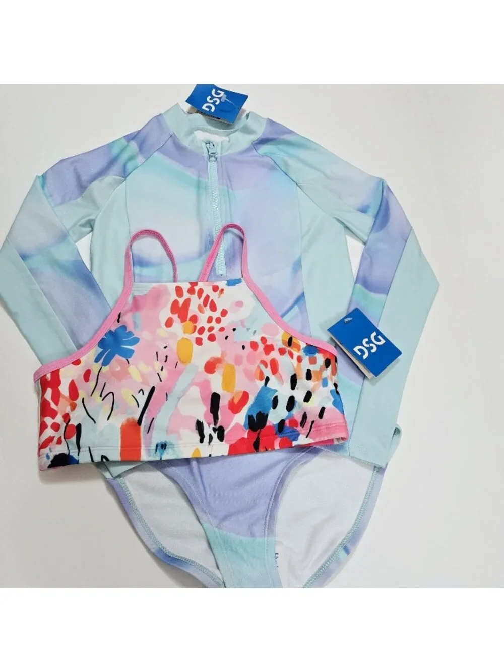 DSG - M Girls' Long Slve One Pc Rashguard +‎ Strappy Halter Swim Top Pink Purple